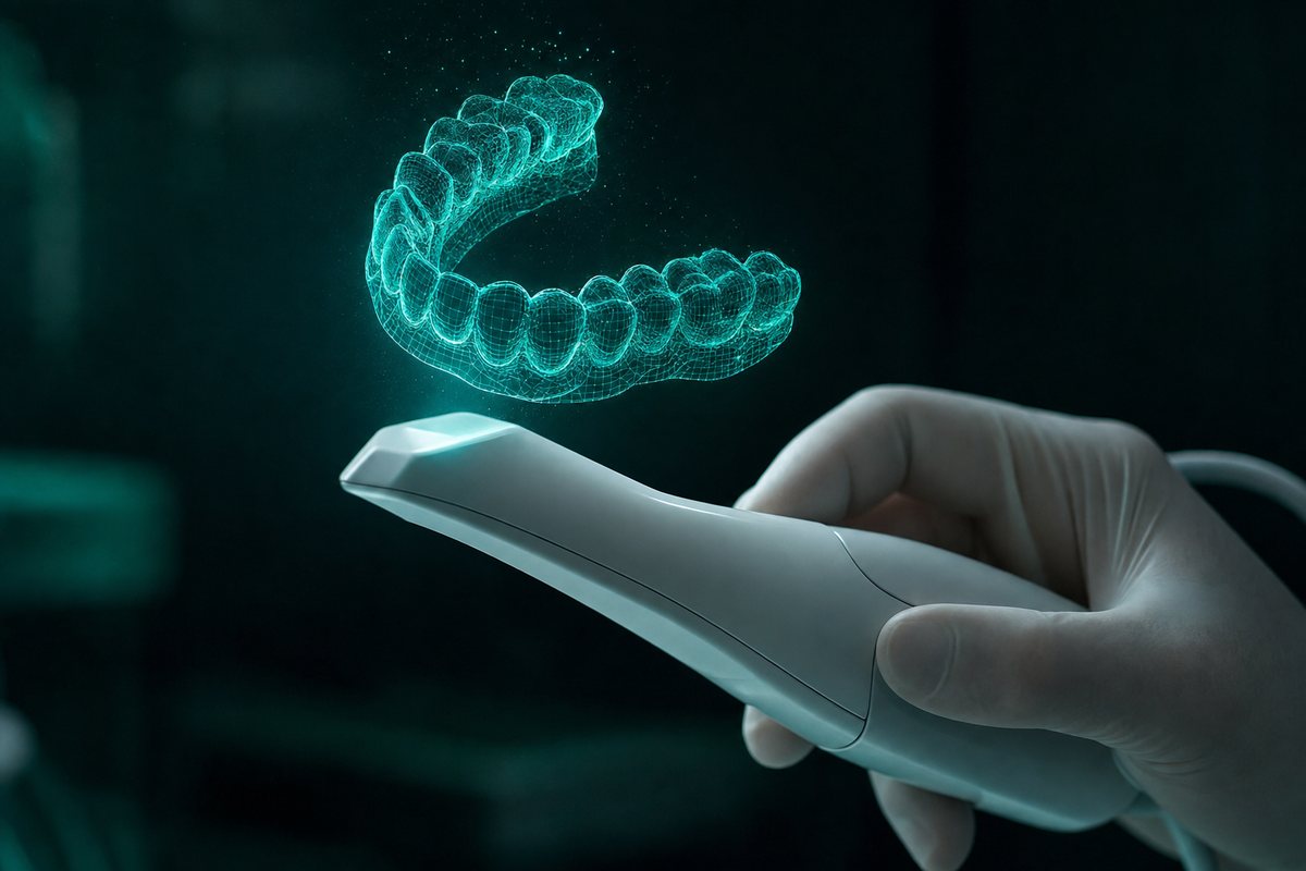 Scanner intraoral 3D projetando a malha digital do sorriso
